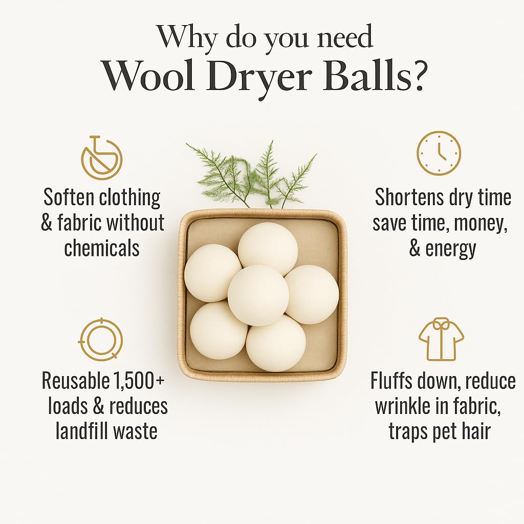 Wool Dryer Balls for Baby - XL 6-Pack with Mesh Bag - Baby Safe, Hypoallergenic, 100% New Zealand Wool - Chemical-Free Fabric Softener for Baby