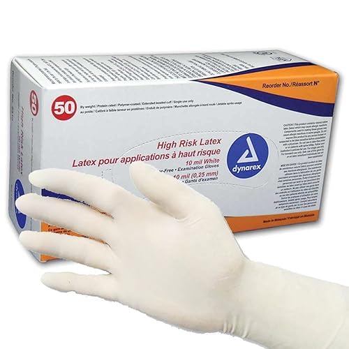 Dynarex High Risk Latex Exam Gloves, White 10 mil, Large, Box/50