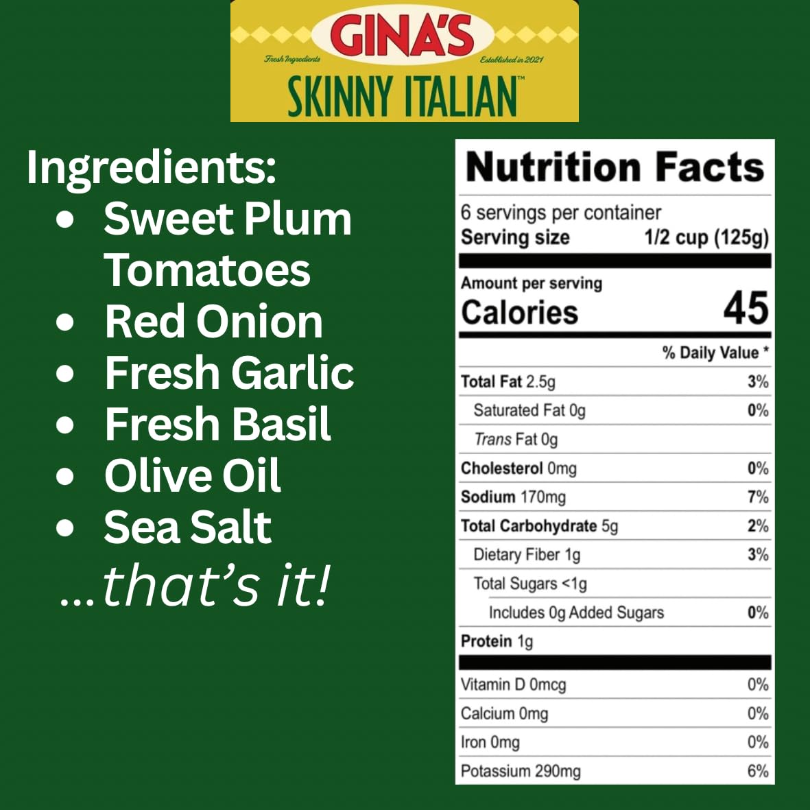 Gina’s Skinny Italian Sweet Tomato Basil Sauce, 2-Pack (Two 24 oz Jars) | No Sugar Added, Low Carb, Keto & Gluten Free Pasta Sauce | Clean