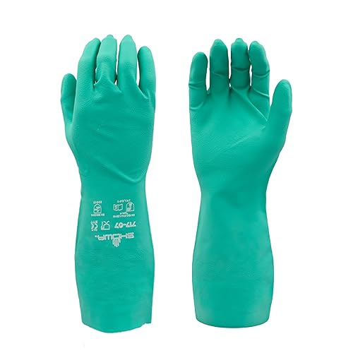 SHOWA 717 Chemical Resistant Gloves, 11-mil Nitrile Gloves, 13-inch Extended Gauntlet, Bisque Grip, Unlined & Unsupported, CE Cat III & Food Safe