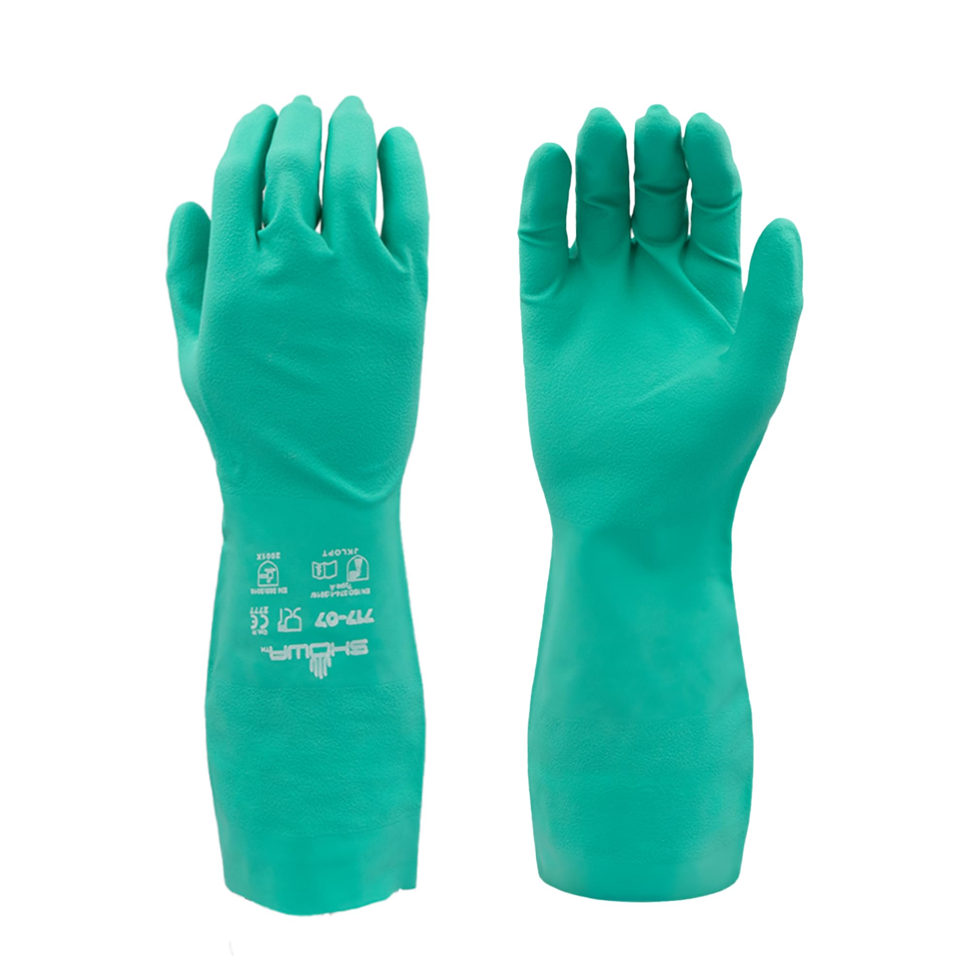 SHOWA 717 Chemical Resistant Gloves, 11-mil Nitrile Gloves, 13-inch Extended Gauntlet, Bisque Grip, Unlined & Unsupported, CE Cat III & Food Safe