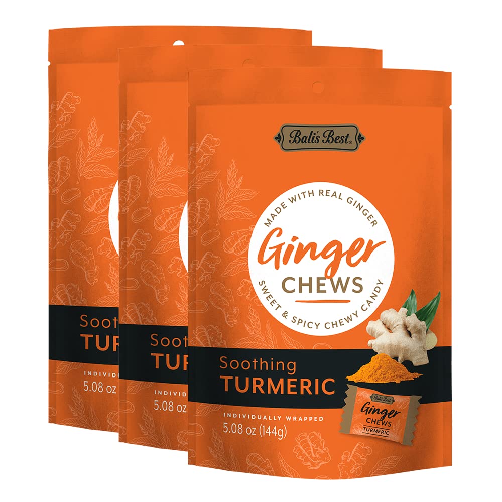 Bali's Best Ginger Chews, Soothing Turmeric Flavor, 5.08 Oz (Pack of 3), Individually Wrapped Soft Candy, Made with 100% Real Ginger, Digestive Health