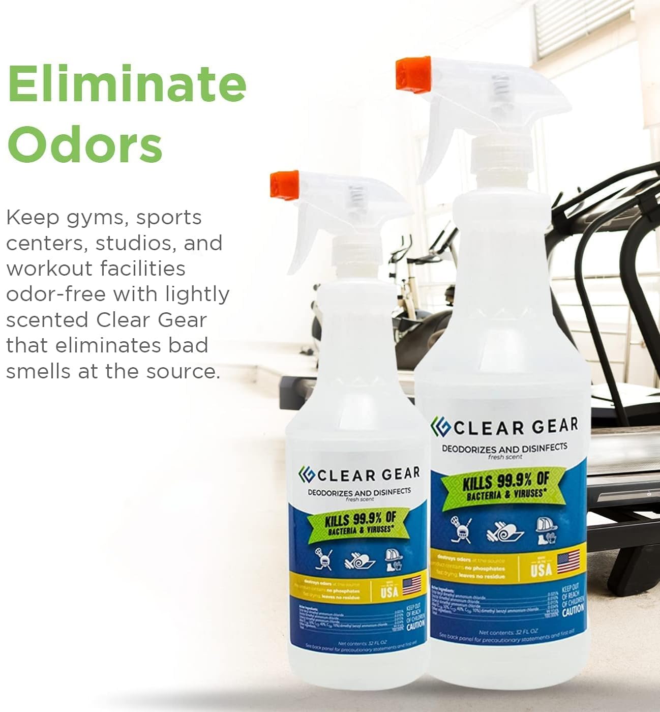 Clear Gear Gym Disinfectant, Yoga Mat Cleaner, Deodorizer For Sports Equipment, Gyms, and Fitness Centers - Mixed Pack - 16 Oz and 32 Oz Bottle