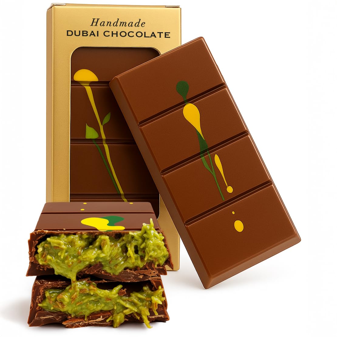 2 PACK Dubai Chocolate Bar Pistachio, Handmade Luxury Knafeh Chocolate Bar with Pistachio Cream and Kataifi (Total 7 oz - 200g)