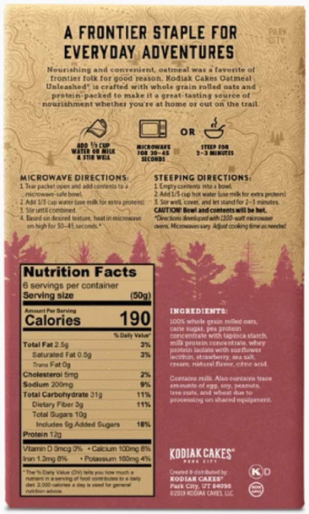 Kodiak Cakes Strawberries & Cream Protein-Packed Oatmeal Packets, Box of 6 Instant Oatmeal Packets, Non GMO, 12 Grams of Protein, Kosher Dairy