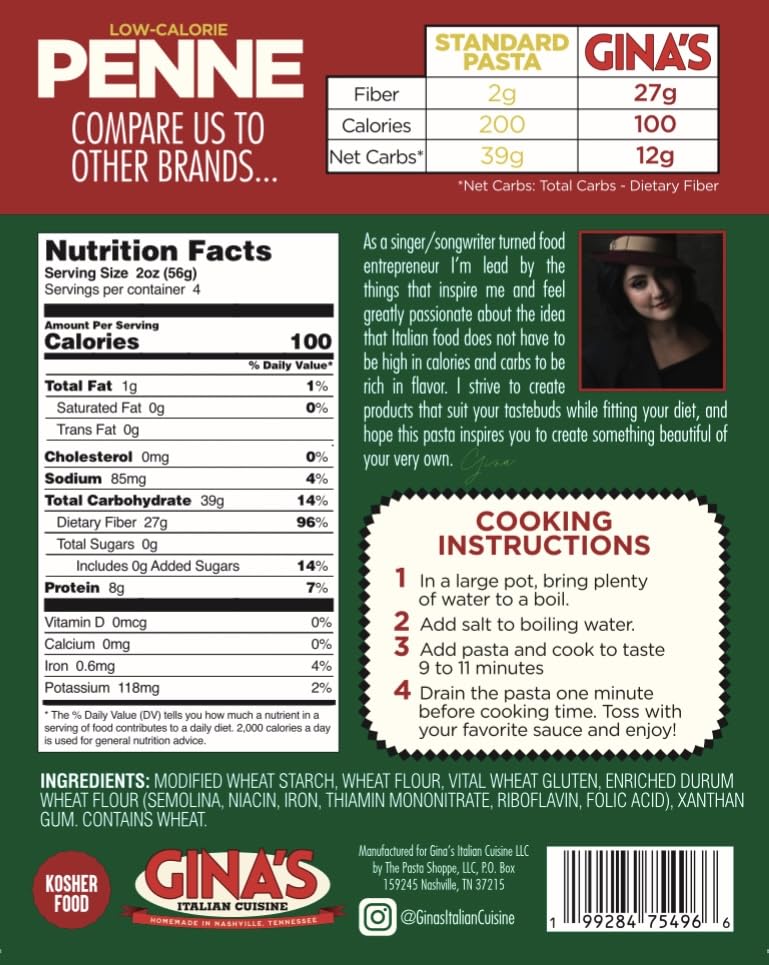 Gina's Italian Cuisine Low Carb/Low Calorie Healthy Pasta, Penne - 100 Calories/Serving Low Net Carbs, High Fiber, High Protein, Plant-Based, Vegan