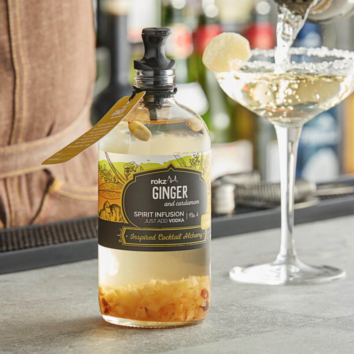 Rokz Ginger Cardamom Spirit Infusion Bottle for Cocktails, 16 Ounce