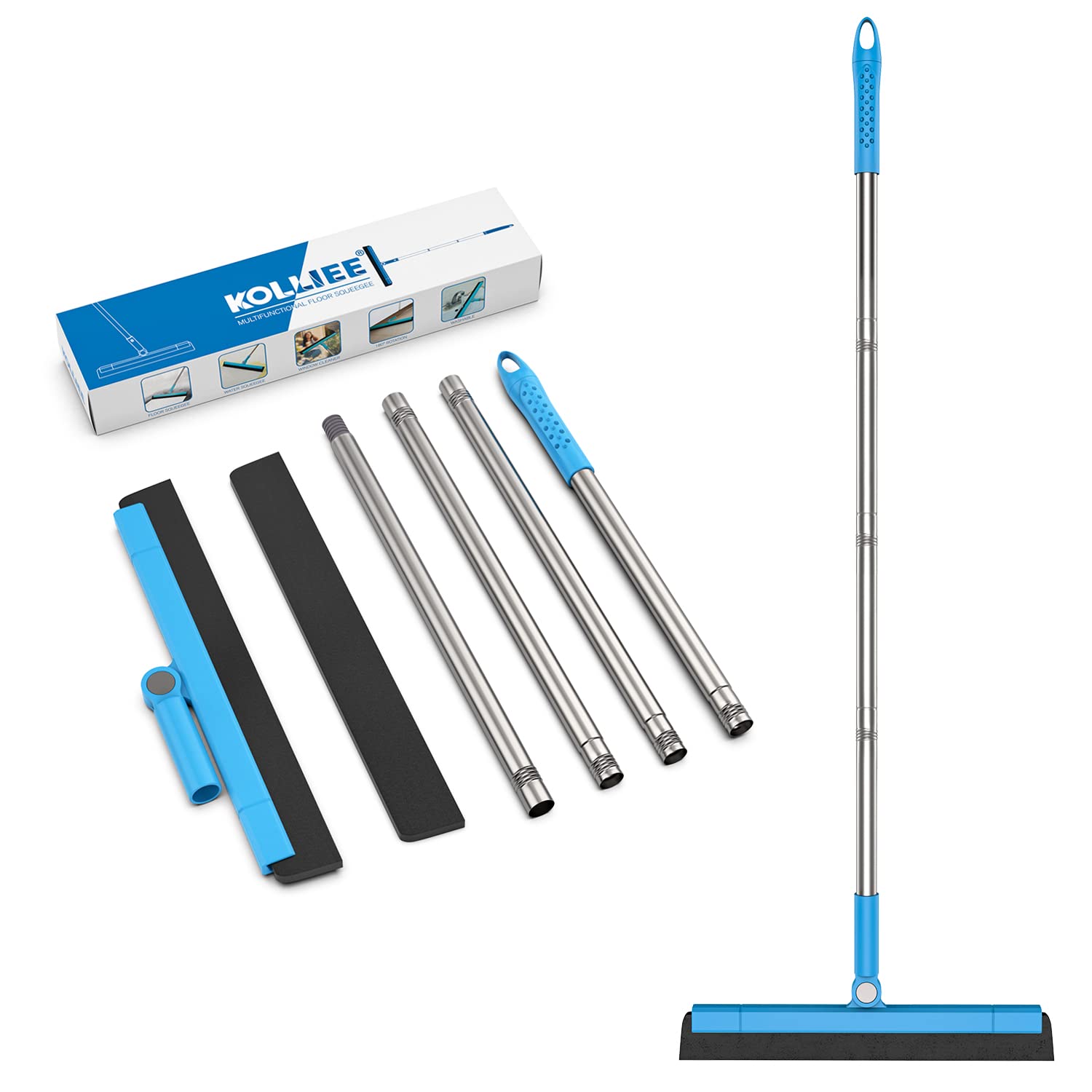 KOLLIEE Floor Squeegee Adjustable 59'' Long Handle Professional Floor Squeegee with Hook Water Squeegee Foam Blade for Concrete Floor Tile Pet Hair