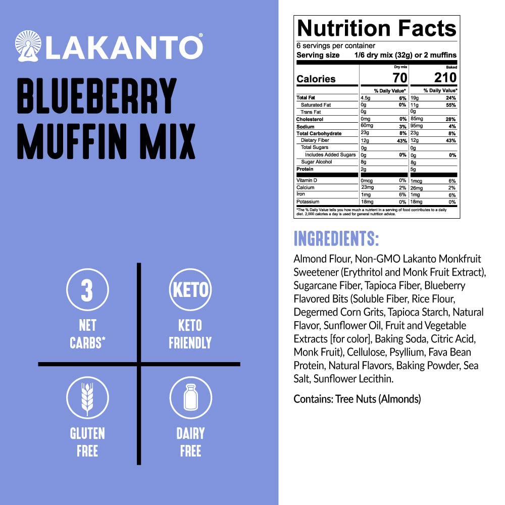Lakanto Sugar Free Blueberry Muffin Mix - Naturally Flavored, Sweetened with Monk Fruit Sweetener, Keto Diet Friendly, Low Net Carbs, Gluten Free, Breakfast Food, Delicious, Easy to Make (6.77 oz)
