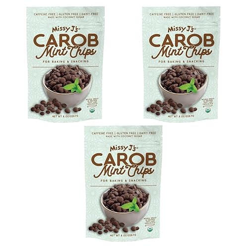 Missy J's Organic Mint Carob Chips 8 oz 3 Pack, Made with Coconut Sugar Vegan, Gluten and Caffeine Free Healthy Substitute for Chocolate, Perfect for Snacks and Treats