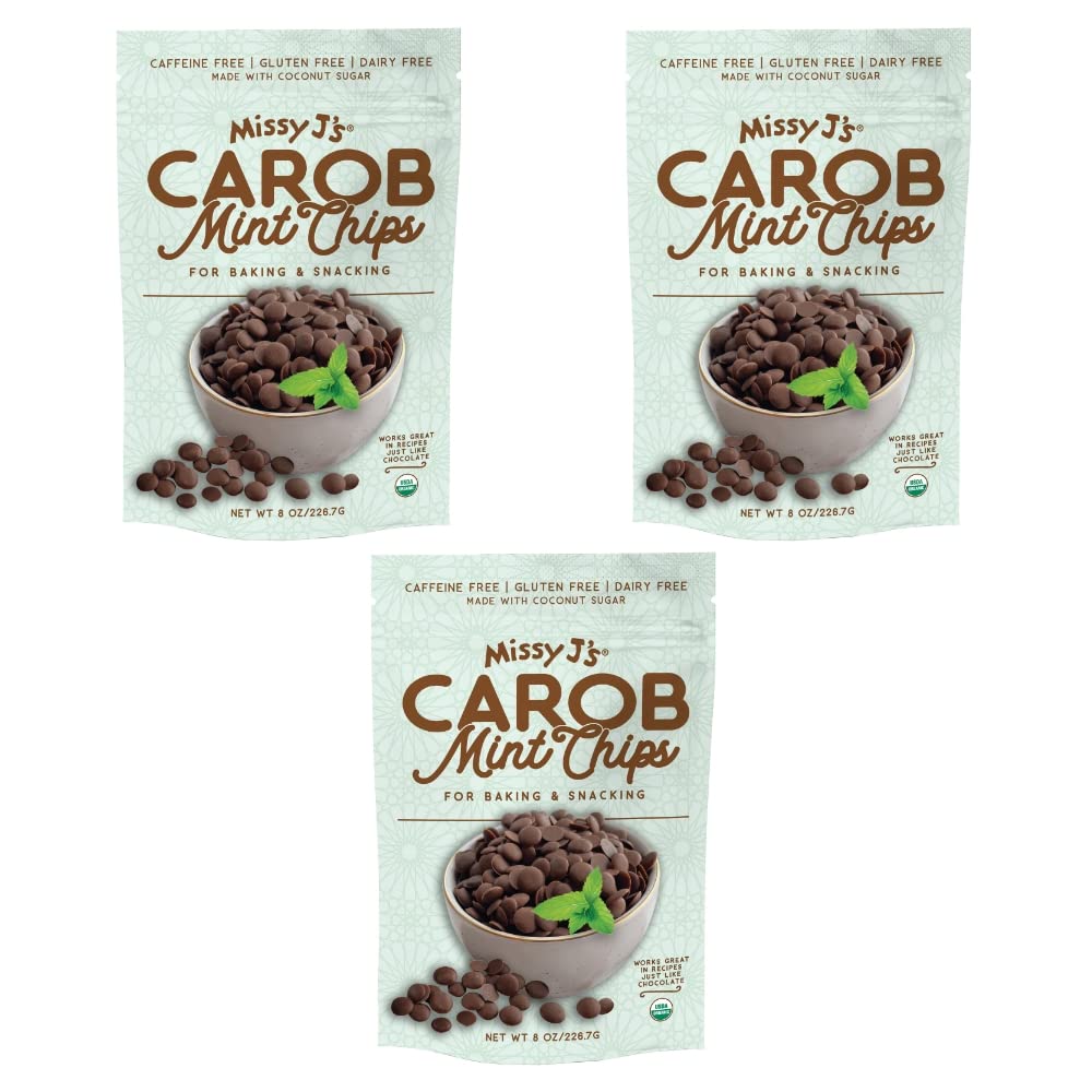 Missy J's Organic Mint Carob Chips 8 oz 3 Pack, Made with Coconut Sugar Vegan, Gluten and Caffeine Free Healthy Substitute for Chocolate, Perfect for Snacks and Treats