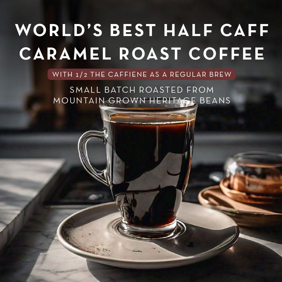World's Best Half Caff Caramel Coffee Pods, 18 ct, Medium Roast Flavored Coffee in Single Serve Pods - 100% Arabica Beans, Compatible with Keurig K