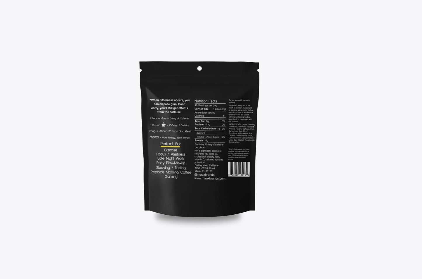 Maax Caffeine Energy Gum | 125mg of caffeine per piece | Tropical Mango | 40 pieces per bag