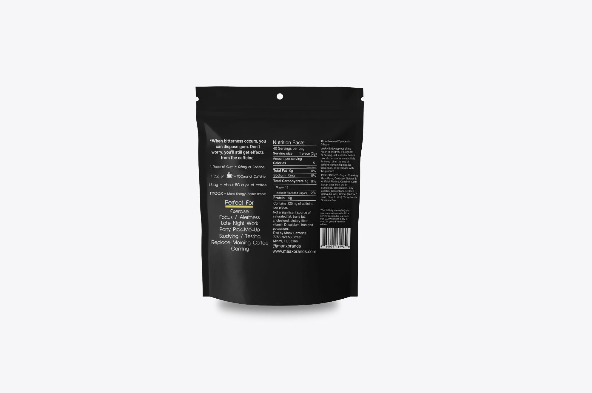 Maax Caffeine Energy Gum | 125mg of caffeine per piece | Tropical Mango | 40 pieces per bag