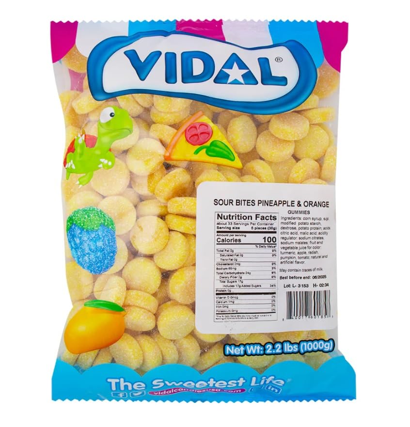 VIDAL Sour Bites Pineapple and Orange Gummy Candy, Chewy Fruit Gummies with Sour Sugar Coating, Bulk Bag, 2.2 lbs