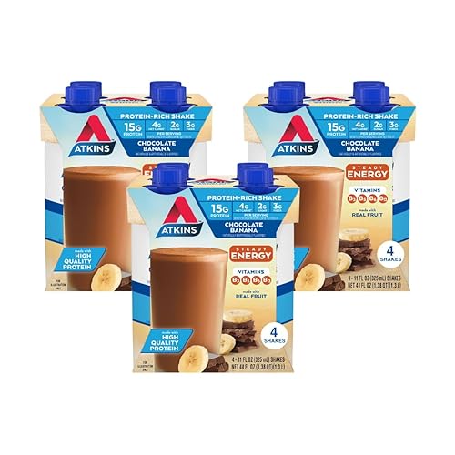 Atkins Chocolate Banana Protein Shake, 15g Protein, 5g Net Carbs, 1g Sugar, Low Carb, High Protein Shake, Banana Breakfast Protein Shake, 4 Pack (11