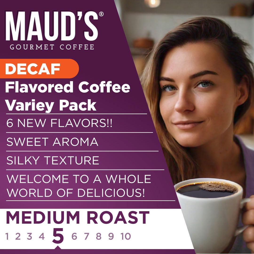 Maud's Flavored Decaf Coffee Pods Variety Pack, 24 ct, 6 Assorted Roasts & Flavors, Decaf Medium Roast Coffee in Single Serve Pods - 100% Arabica