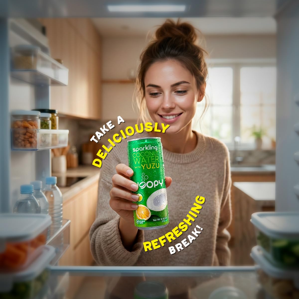 Yoopy Sparkling Coconut Water with Citrus-Inspired Yuzu - Low Sugar Refreshing Drink, Healthy Soda Alternative, Lightly Carbonated Beverage - 12 pack