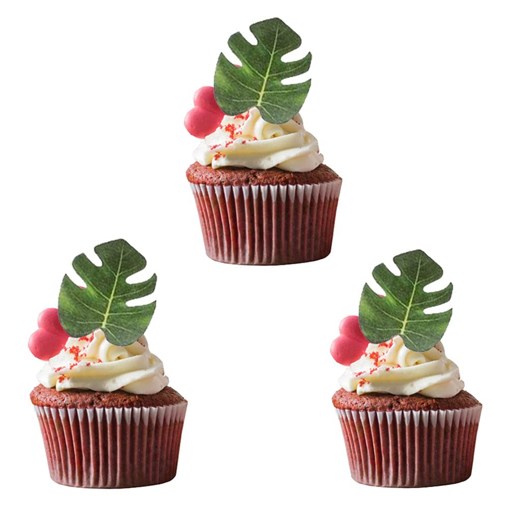 48pcs Edible Tropical Turtle Leaves Cupcake toppers, Palm Leaf Cake Topper, Edible Wafer Paper Leaf Cake Decoration for Hawaii Aloha Jungle Summer