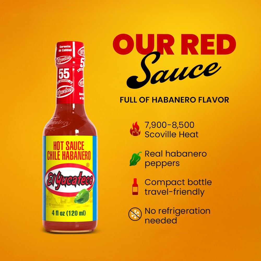El Yucateco Red Habanero Hot Sauce, Salsa Picante de Chile Habanero, Gluten Free, Sugar Free, 4 oz, 6 Pack (Habanero)