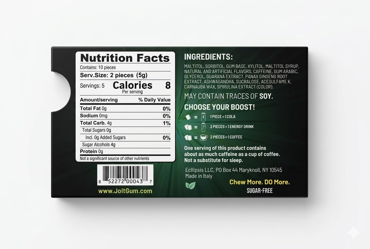 Jolt Energy Gum - Spearmint | The OG energy gum | With Caffeine, Guarana & Ginseng | 120 Sugar-Free pieces | Tastes good like a mint gum should | It's