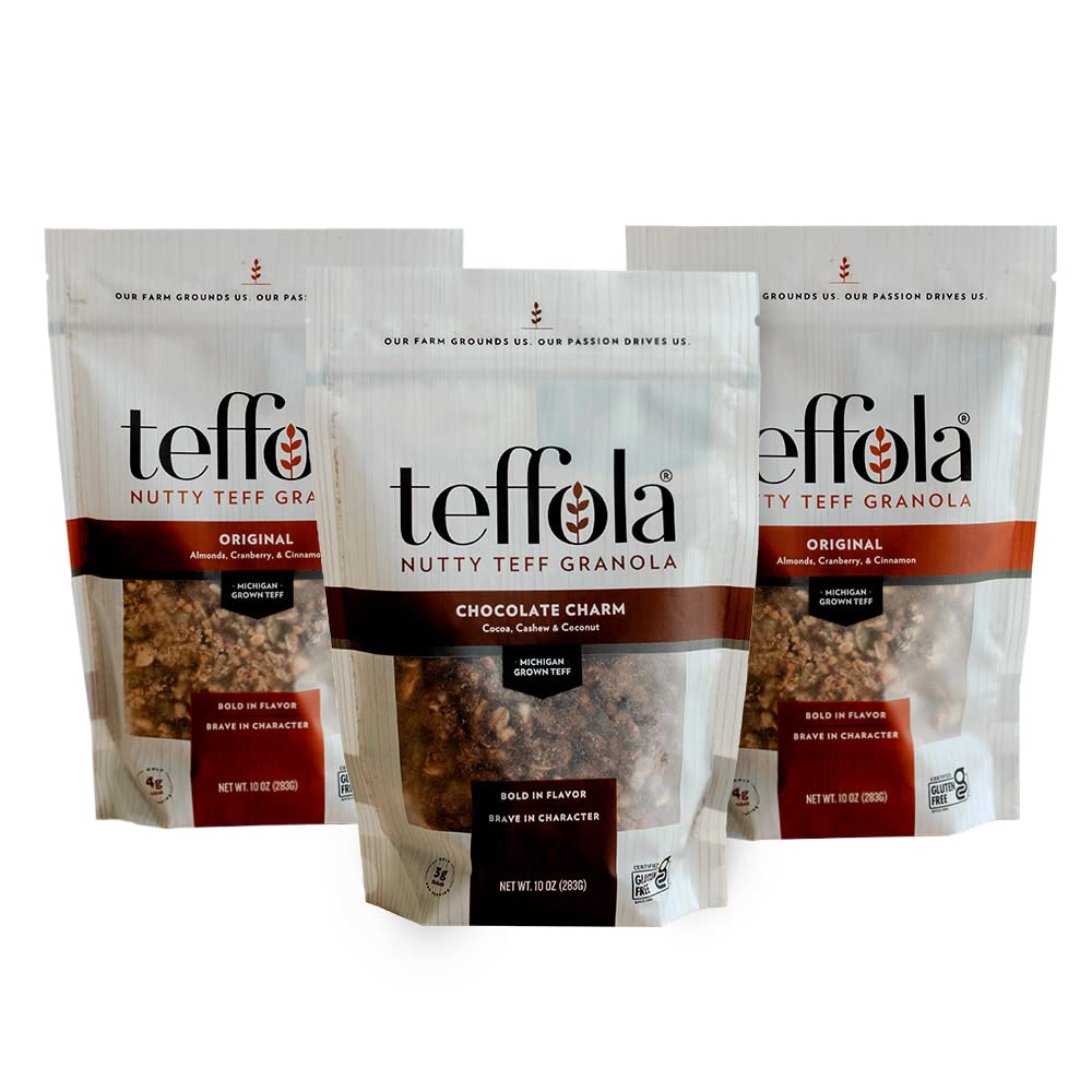 TEFFOLA Variety Pack Teff Granola | 3 Pack | Original, Berry Burst, Chocolate Charm | 3-4g Sugar per serving | Gluten Free Certified and Low Sugar |