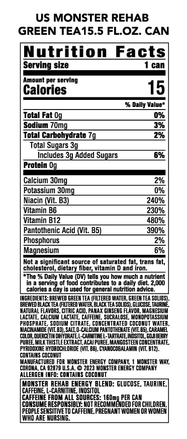 Monster Energy Rehab Green Tea + Energy, Energy Drink 15.5 Ounce
