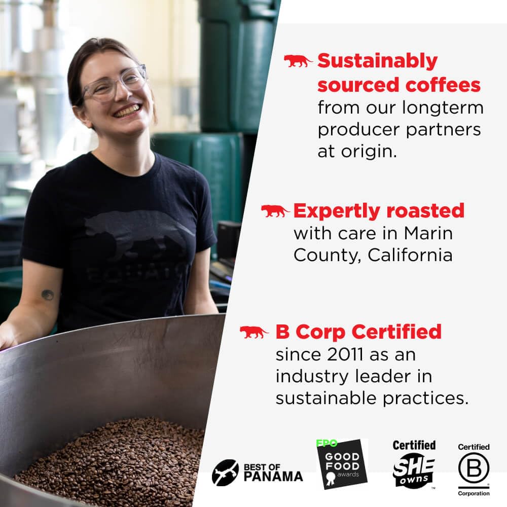 Equator Coffees, Equator Blend Decaf Ground Coffee, Medium Dark Roast, Fresh Roasted, Smooth Chocolate Nutmeg Flavor Notes, Sustainable, Decaffeinated