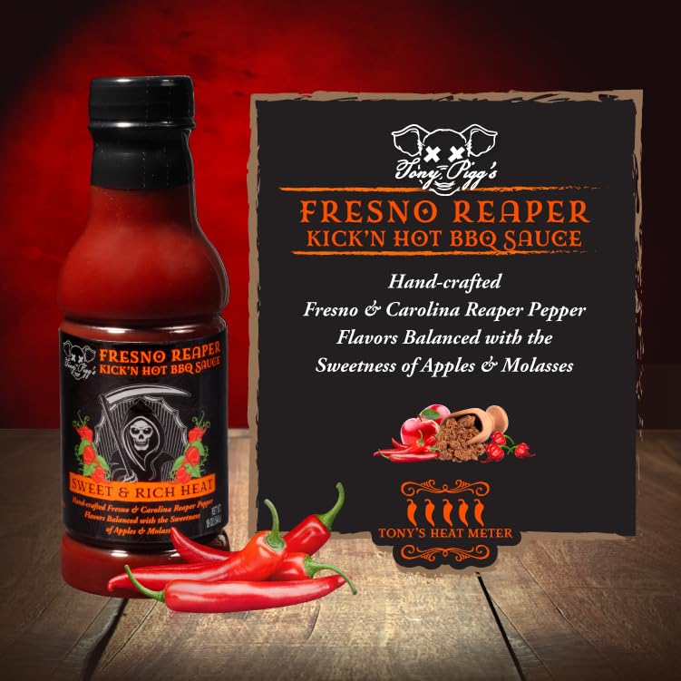 Tony Piggs Hot BBQ Sauce Fresno Reaper Flavor (19oz)- Great Condiment Topping for Wings, Ribs & Burgers at Parties - Barbecue Sauce w Hot Sauce Heat
