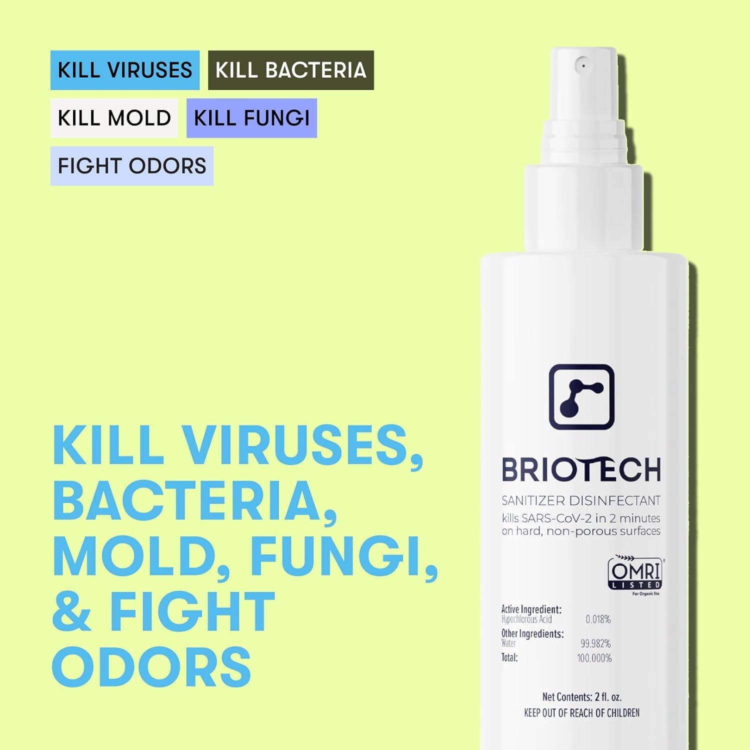 BRIOTECH Sanitizer Disinfectant Hypochlorous, Kill 99.99% of Viruses & Bacteria, Control Mold, Eliminate Odor, Gentle for Nursery & Play Rooms, Food