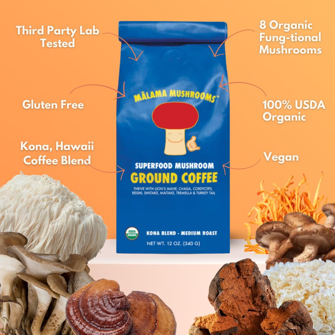 Organic Ground Mushroom Coffee by Malama | 8-Mushroom Superfood Blend with Lion’s Mane, Reishi, Cordyceps for Focus & Immune Support | Low Acid