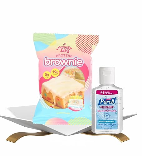 Protein Brownie - Glazed Birthday Cake Blondie Bar 2.29 oz Bundle with 2 oz Hand Sanitizer - Sweet Dessert-Inspired Snack with Convenient Travel