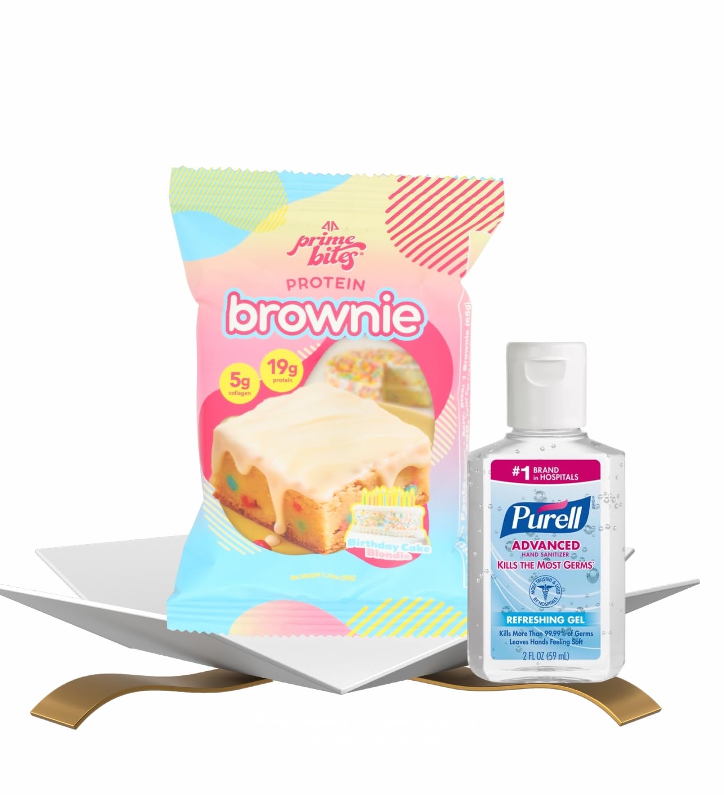 Protein Brownie - Glazed Birthday Cake Blondie Bar 2.29 oz Bundle with 2 oz Hand Sanitizer - Sweet Dessert-Inspired Snack with Convenient Travel
