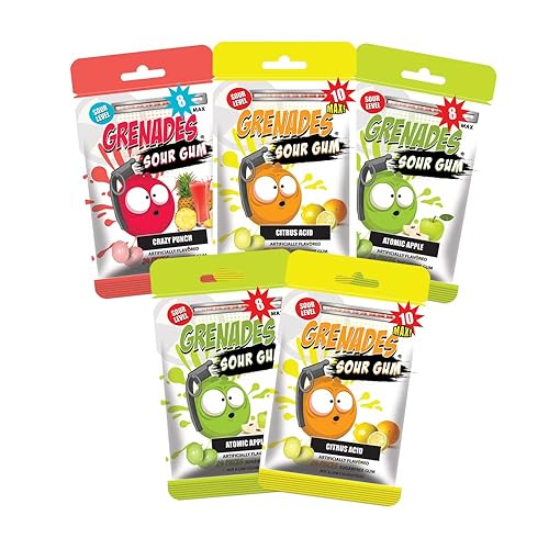 Grenades Gum SOURS - Intense Sour Power Chewing Gum - SOUR GUM Variety Pack of 5 (120 Pieces) - BUILD YOUR OWN BUNDLE - Three Intense Flavors