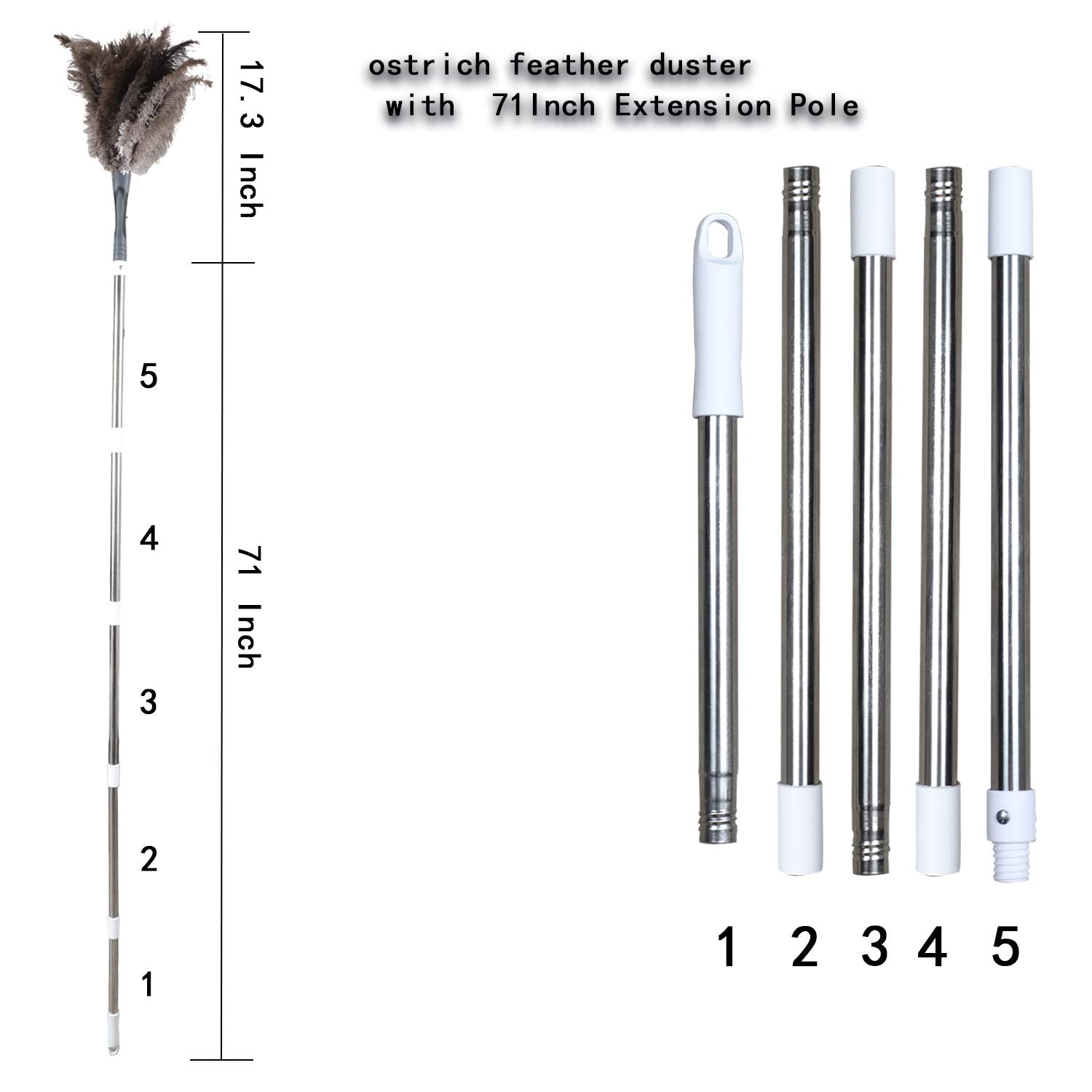 Midoneat Gray Ostrich Feather Duster with 71 Inch Extendable Pole, Microfiber Duster for Home Cleaning