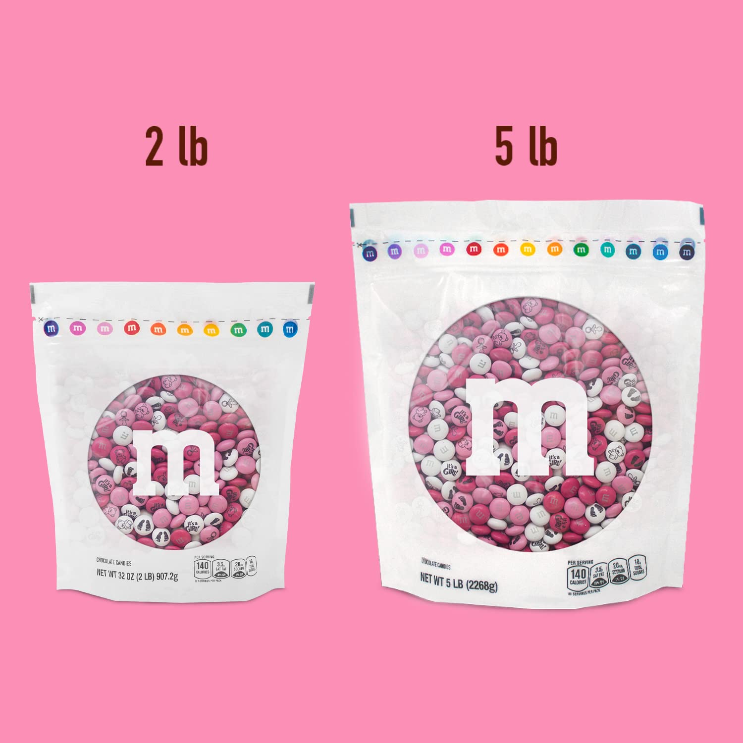 M&M’S WORLD Baby Girl Milk Chocolate Candy, 5lbs of Pink, Dark Pink & White Bulk M&M'S with It's A Girl Themed Icons for Baby Showers & Gender Reveal