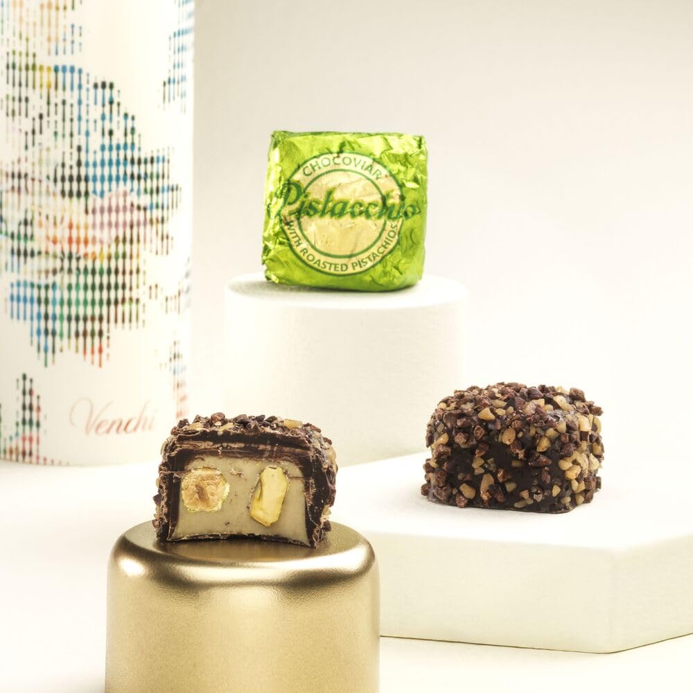 Venchi Chocoviar Pistachio Chocolate 15-Piece Elegant Gift Box - Creamy Pistachio & Hazelnut Paste, Dark Chocolate Shell Topped With Toffee Grains