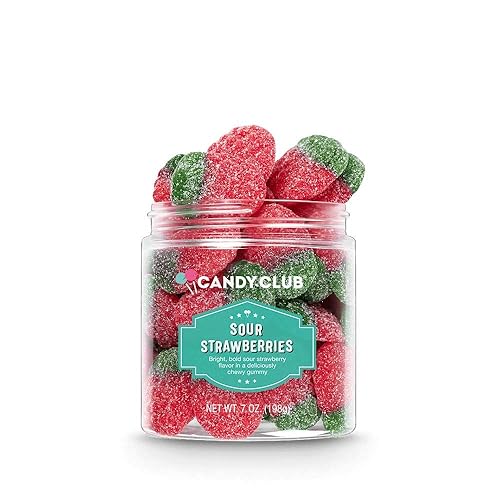 Candy Club Gourmet Gummy Sour Strawberries, Gluten Free, Sweet, Sour, and Chewy Fruit Treats for Gifts, Parties, Snacks, Candy Buffets, etc. - 7oz Jar