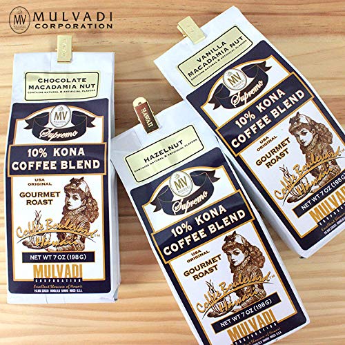 Mulvadi 10% Kona Coffee Blend, Chocolate Macadamia Nut Flavor, Ground Coffee 7 oz + Aloha Hawaii Bag Clip