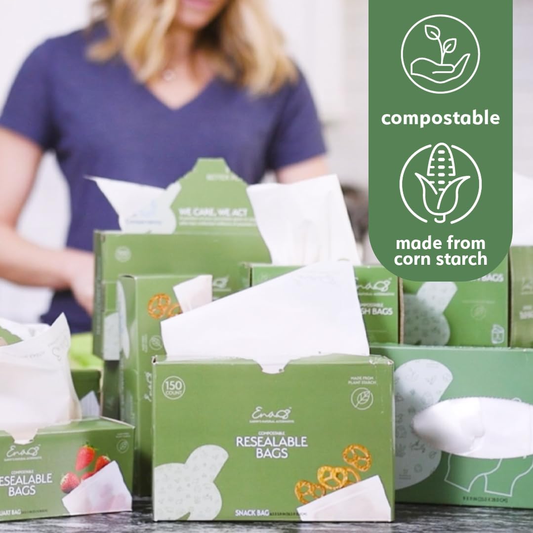 100% Compostable Food Storage Bags, Sandwich Size 150 Pack, Eco-Friendly Freezer Bags, Resealable, Heavy-Duty, Reusable, Leak Resistant, Off-White