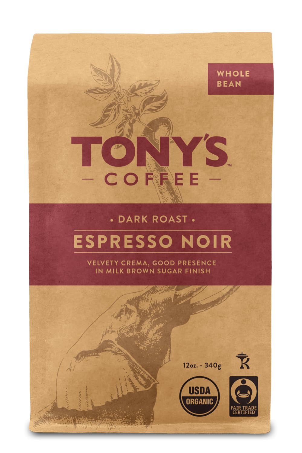 Tony's Coffee, Espresso Noir (12oz), Medium-Dark Roast Whole Bean Coffee, Organic and Fair Trade