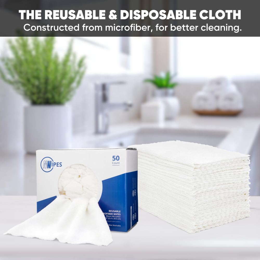 Microfiber Rags in A Box (50 Count) - Mwipes - 10" x 12" Reusable Wipes for Cleaning - Edgeless Terry Towels, Shop Rags, Wash, Dust, Disposable
