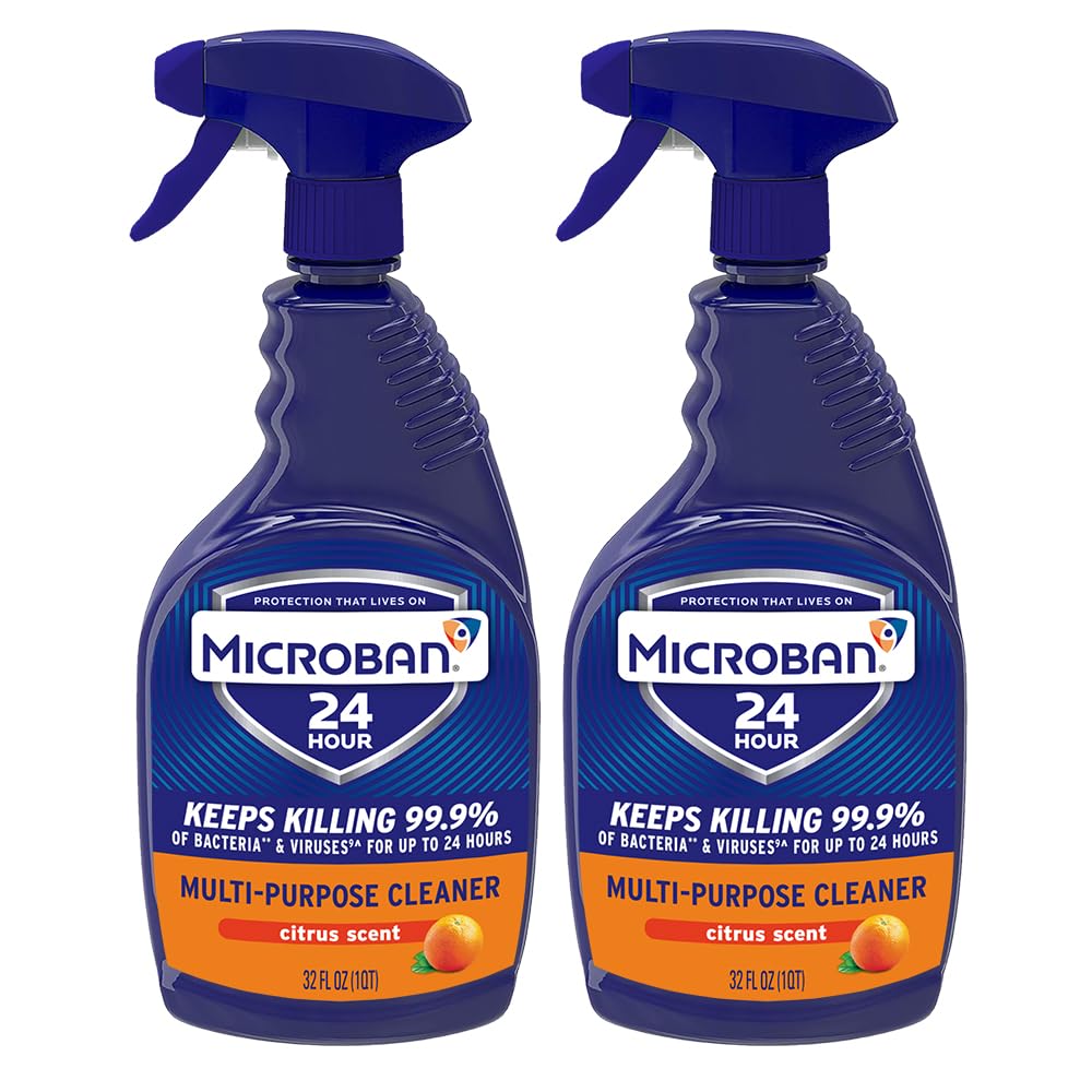 MICROBAN Multi-Purpose Cleaner, 32 oz., 2 Pack, Citrus, Penetrates Soap Scum, Greasy Soils and Reduces Odors, Keeps Killing 99.9% of Bacteria