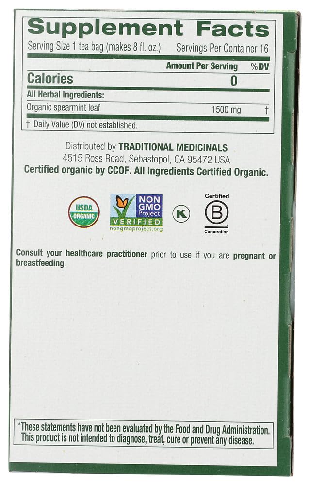 (NOT A CASE) Organic Spearmint Caffeine Free Herbal Tea 16 Tea Bags