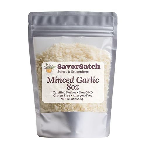 SavorSatch Minced Garlic - 8 oz Resealable Pouch | Dried Garlic Flakes | Certified Kosher | Bulk Dehydrated Garlic for Cooking, Sauces, Soups