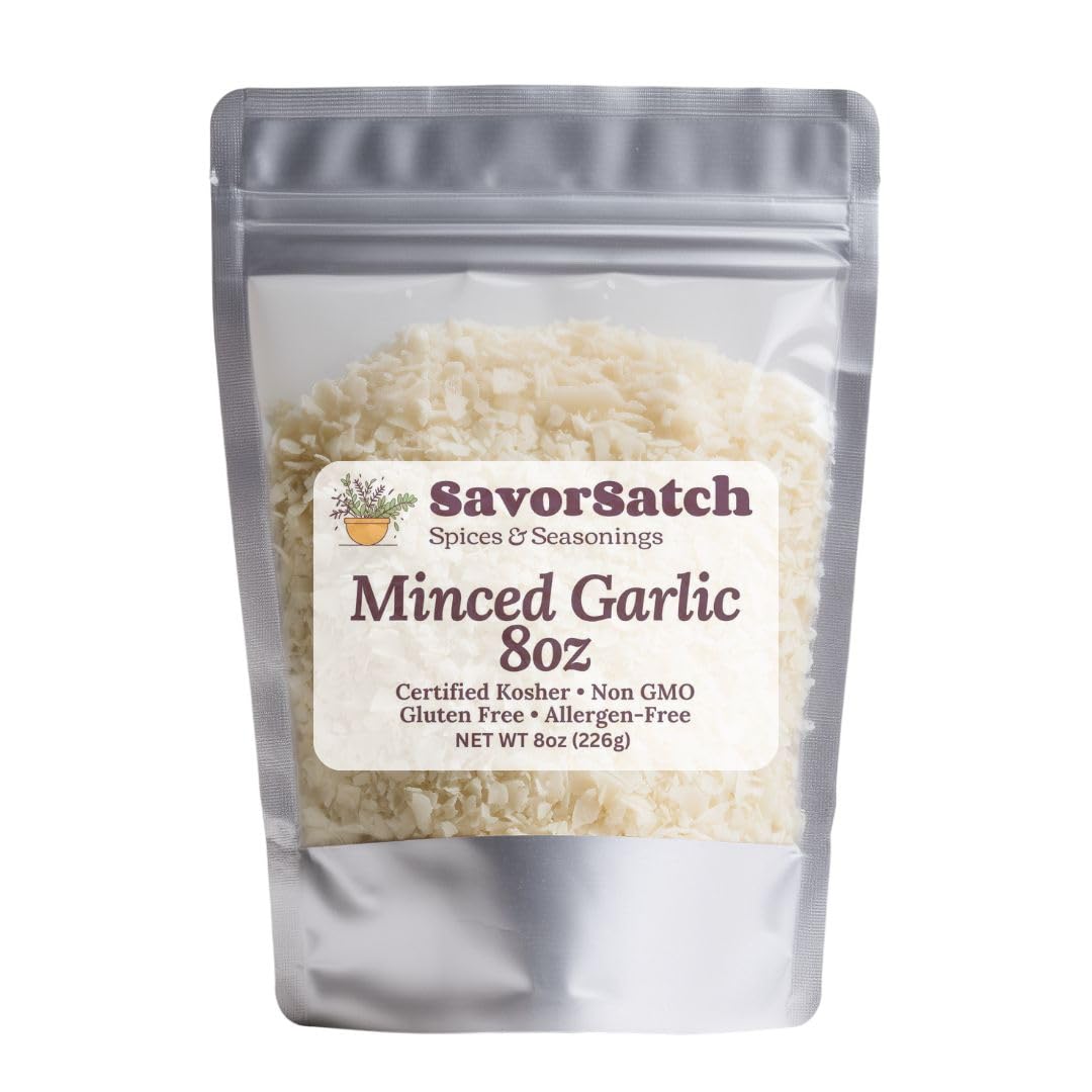 SavorSatch Minced Garlic - 8 oz Resealable Pouch | Dried Garlic Flakes | Certified Kosher | Bulk Dehydrated Garlic for Cooking, Sauces, Soups