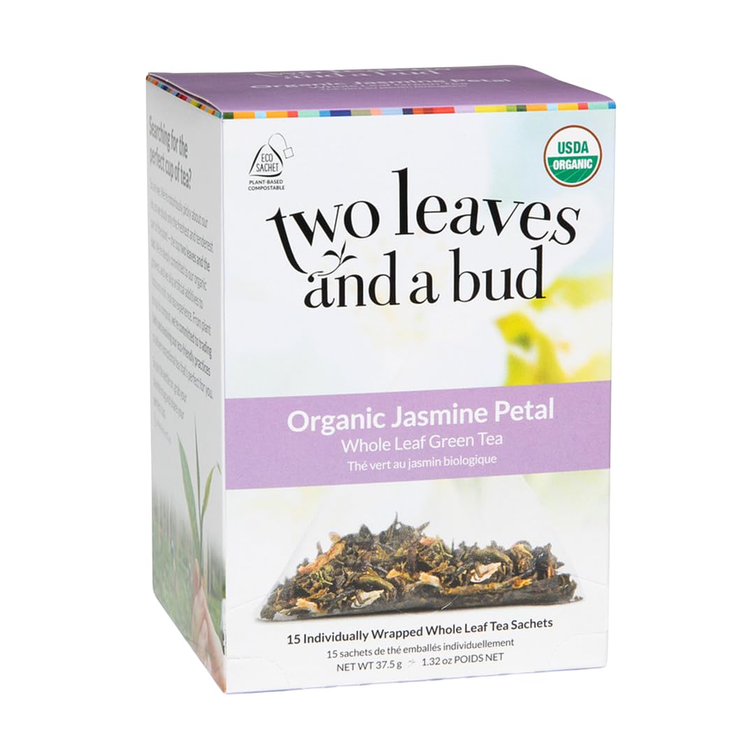 Two Leaves and a Bud Jasmine Green Tea Bags, 15 Count (Pack of 1) Whole Leaf Green Tea in Pyramid Sachet Bags