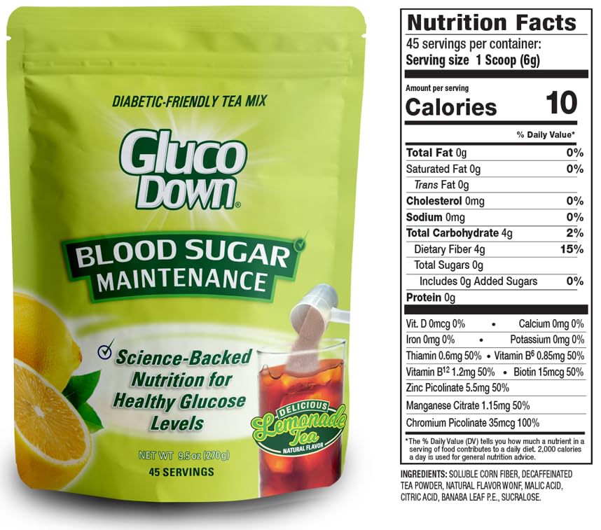 GLUCODOWN, Delicious Lemonade & Tea Mix, Patent Pending Dietary Fiber Formula for Maintenance of Healthy Blood Sugar & Cholesterol, 45 Servings.