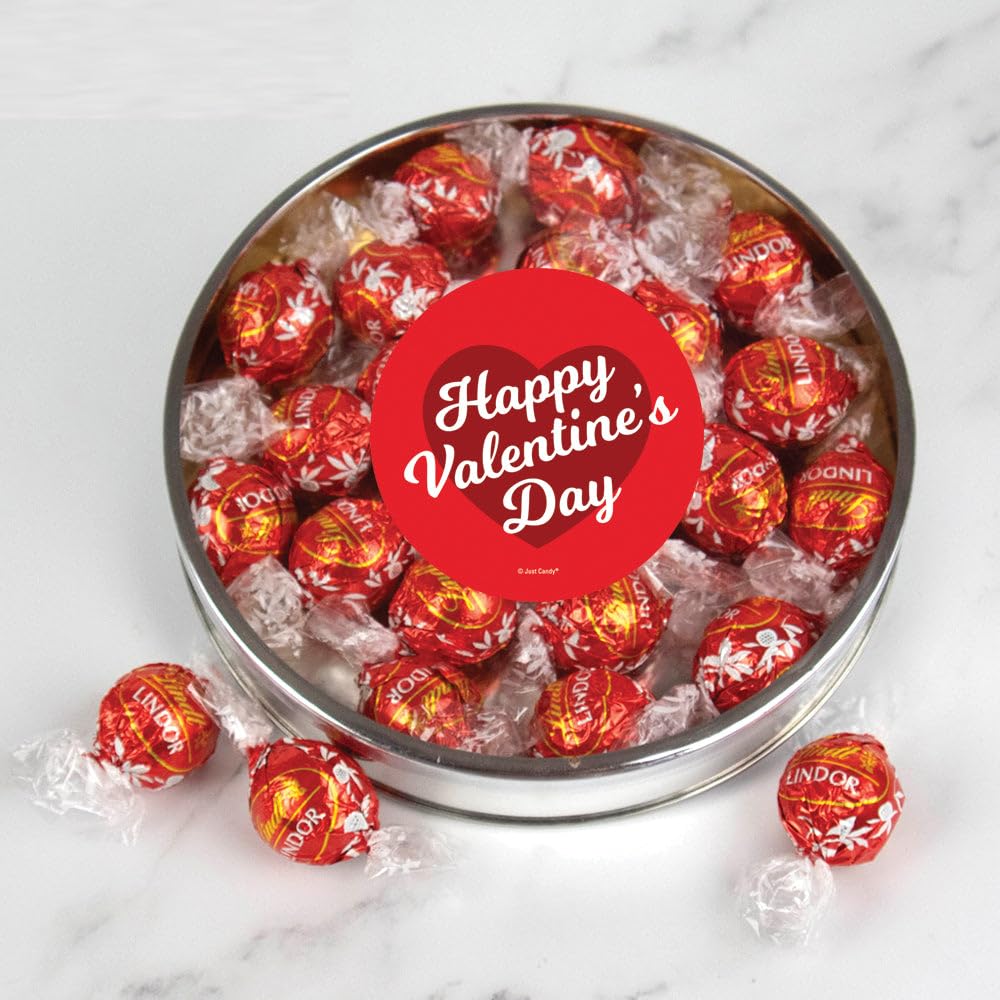Valentine's Day Candy Gift Tin Large Plastic Tin with Chocolate Milk Chocolate Truffles - Script Heart
