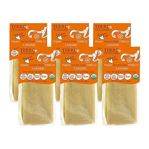 TERRE E TRADIZIONI 6 PACKS ORGANIC ITALIAN SEMI WHOLE DURUM LASAGNA PASTA - Sicilian Ancient Grain Timilia Vegan Crafted in Italy. LOW-GLUTEN INDEX